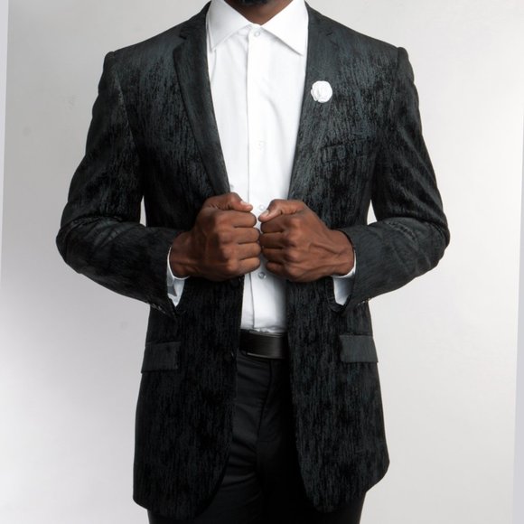 2-Tone Black Rough Streak Pattern Men's Blazer - Picture 1 of 2